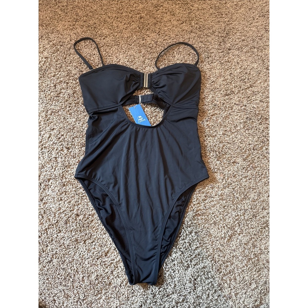 Cupshe Dream Destination One-Piece Swimsuit Black Cut Out Size Medium NWT